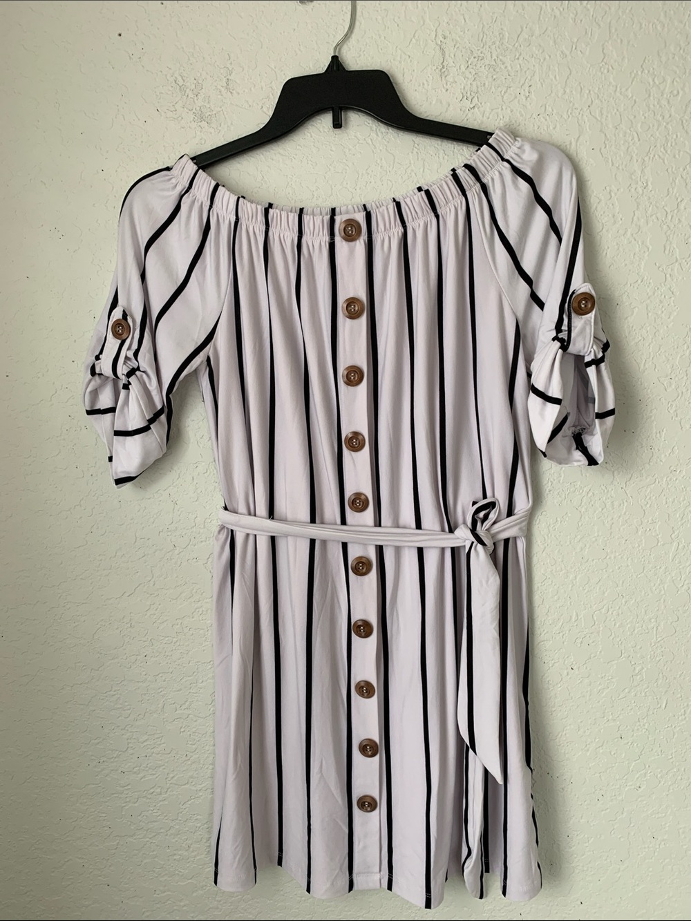 NWT J for Justify White and Black Striped Off-Shoulder Mini Dress Size L